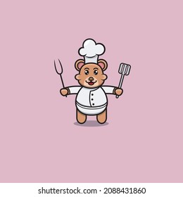 Cute Baby Bear Chef. Character, Logo, Icon, Cartoon And Inspiration Design. Vector And Illustration.