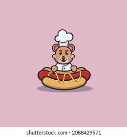 Cute Baby Bear Chef With Hot Dog. Character, Logo, Icon, Cartoon And Inspiration Design. Vector And Illustration.