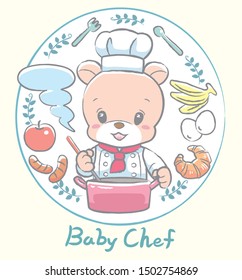 Cute baby bear cooking. Vector illustration for Kids menu, ad, baby wear design or other use.