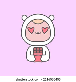 Cute baby in bear costume holding chocolate, illustration for t-shirt, poster, sticker, or apparel merchandise. With cartoon style.