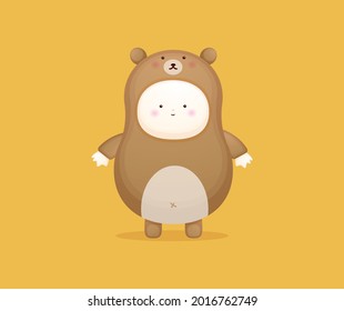 Cute baby in bear costume. Mascot cartoon illustration Premium Vector