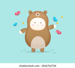 Cute baby in bear costume playing with butterfly. Mascot cartoon illustration Premium Vector