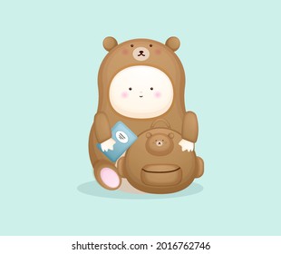 Cute Baby In Bear Costume Ready Go To School. Mascot Cartoon Illustration Premium Vector