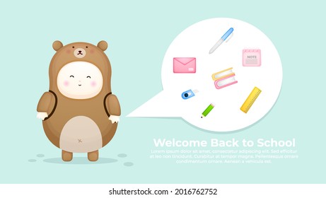 Cute baby in bear costume with welcome back to school text banner. Mascot cartoon illustration Premium Vector
