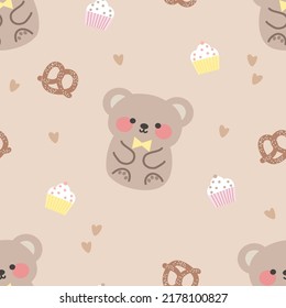 Cute Baby Bear and Cupcake Seamless Pattern