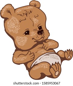 Cute baby bear with diaper sitting. Vector and isolated illustration.