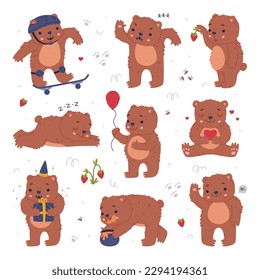 Cute baby bear doing different activities set. Funny wild animal riding skateboard, eating honey, celebrating birthday, picking up berries cartoon vector illustration
