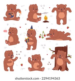 Cute baby bear doing different activities set. Funny wild animal eating honey, celebrating holidays, toasting marshmallow cartoon vector illustration