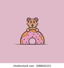 Cute Baby Bear Donuts. Character, Logo, Icon, Cartoon And Inspiration Design. Vector And Illustration.