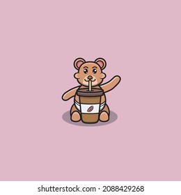 Cute Baby Bear Drink Coffee. Character, Logo, Icon, Cartoon And Inspiration Design. Vector And Illustration.