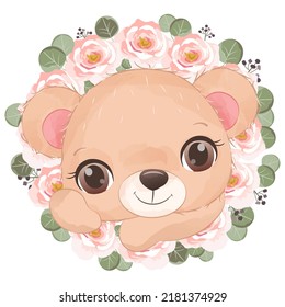 Cute baby bear with flowers in watercolor illustration