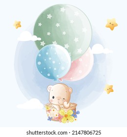 Cute baby bear flying with balloons