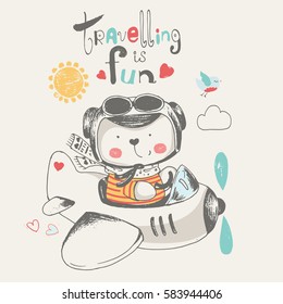 cute baby bear flying on a plane.cartoon hand drawn vector illustration.can be used for kid's/baby's T-shirt print design,fashion graphic,  baby shower card,celebration  greeting and invitation card