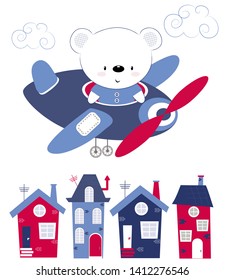 Cute baby bear flying over the houses on the plane. Children's printing for children, poster, children's clothing, postcard. Vector illustration.