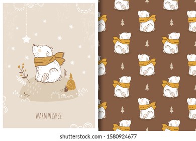 Cute baby bear forest animal character in scarf illustration. Winter hand drawn card print template and seamless background pattern set. Hand drawn cartoon design illustration.