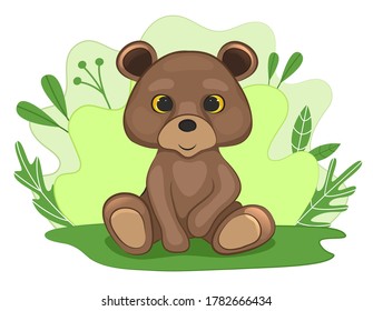 Cute baby bear in a forest clearing. Background of leaves and plants. Cartoon style. Vector illustration.
