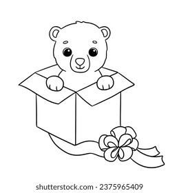 Cute baby bear in gift box. Cartoon hand drawn vector outline illustration for coloring book. Line animal isolated on white