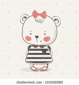 Cute baby bear girl. Hand drawn vector illuststartion. Can be used for t-shirt print, kids wear fashion design, baby shower invitation card.