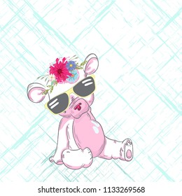 Cute baby bear with glasses cartoon hand drawn vector illustration. Can be used to print baby t-shirt, fashion print design, children wear, baby shower celebration, greeting and invitation card.