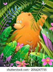 Tarjeta de saludo de oso de bebé para los niños, ondeando desde frondosos follajes en el bosque o la jungla. Los niños entretienen el diseño animal. Ilustración vectorial en el estilo acuarela.