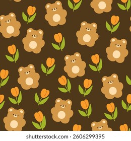 Cute baby bear hand drawn with tulips on a dark black brown background, kids seamless pattern.