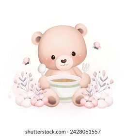 Cute Baby Bear Have Lunch at Garden