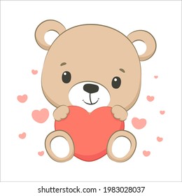 Cute baby bear with a heart. Cartoon vector illustration.