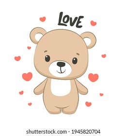 Cute baby bear with hearts and phrase Love. Vector illustration.