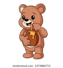 Cute baby bear holding honey pot isolated 