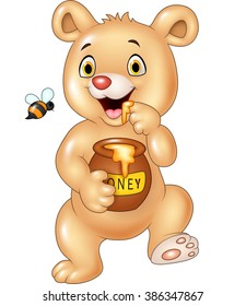 Cute baby bear holding honey pot isolated on white background