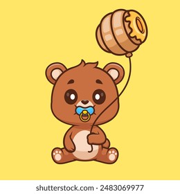 Cute Baby Bear Holding Honeycomb Balloon Cartoon Vector Icon Illustration. Animal Food Icon Concept Isolated Premium Vector. Flat Cartoon Style