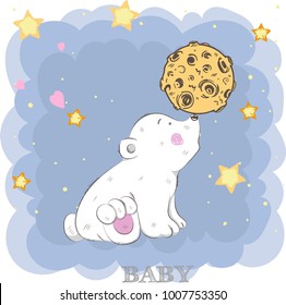 Cute baby bear holding a moon cartoon hand drawn vector illustration. Can be used for print t shirts baby, design print fashion socks kids, congratulations celebrations baby shower cards and invitation