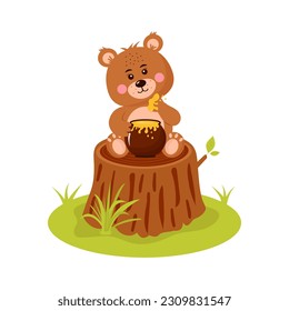 Cute baby bear with honey pot is sitting on the tree stump. Cartoon forest character. 