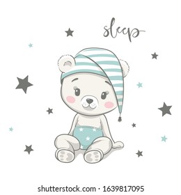 Cute baby bear in nightcap cartoon vector illustration. Illustration in hand drawing style for baby shower. Greeting card, party invitation, fashion clothes t-shirt print.