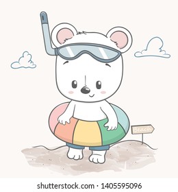 Cute baby bear on the beach hello summer cartoon hand drawn vecter illustration. Use for greeting and invitation card.