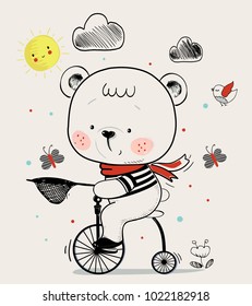 cute baby bear on bicycle.cartoon hand drawn vector illustration. Can be used for baby t-shirt print, fashion print design, kids wear, baby shower celebration greeting and invitation card.