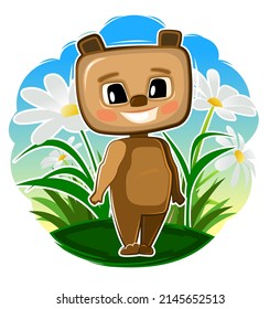 Cute baby Bear on a flower meadow. Funny animal kid. Illustration for children. Summer landscape. Isolated over white background. Vector.