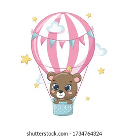 Cute baby bear on a hot air balloon. Vector illustration for baby shower, greeting card, party invitation, fashion clothes t-shirt print.