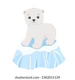 Oso bebé lindo en el hielo. Dibujo infantil hecho a mano con vectores para niños. Animales polares aislados en blanco