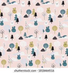 Cute baby bear on a pink background. Hand-drawn. Doodle cartoon bears in the forest for children's posters, cards, t-shirts. Vector illustration. Trees, forest, anthill, bushes, bears.

