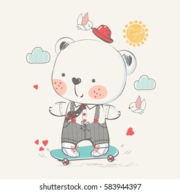  cute baby bear on skateboard. hand drawn vector illustration.can be used for baby's T-shirt print design, kids wear, baby shower card,celebration card, greeting card, invitation card