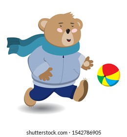 Cute baby bear on a walk.  Happy little boy is running and playing  with ball. Concept with character in flat style.