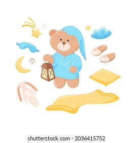 Cute baby bear in pajamas holding a light. Sleeping teddy graphic elements, bunny toy, pillow and blanket with pattern, slippers, eye mask, star, moon, cloud. Midnight cartoon animal in cap.