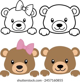 Cute baby bear peeking, brown bear peeking, vector illustration