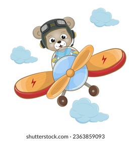 Cute baby bear pilot on a plane in the sky. Children's illustration with a baby bear. Perfect illustration for t-shirt wear, nursery print designs, greeting card, baby shower, party invitation