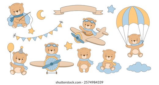 Cute baby bear pilot on airplane, with parachute and balloon, vector hand drawn illustrations set isolated on white background for kids