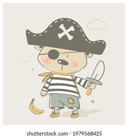 Cute baby bear in a pirate suit. Cartoon hand drawn vector illustration. Can be used for baby t-shirt print, fashion print design, kids wear, baby shower celebration greeting and invitation card.