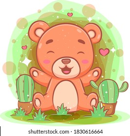 Cute baby bear playing at the garden of illustration