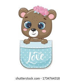 Cute baby bear in pocket. Vector illustration for baby shower, greeting card, party invitation, fashion clothes t-shirt print.