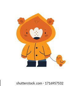 Cute  baby bear in raincoat walking with duck toy isolated on white background. Childish animal character vector illustration. Ideal for cards, poster, decoration, textile, print, book, calendar